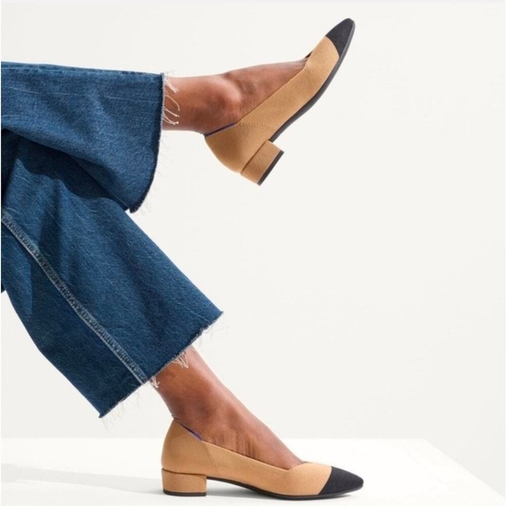 Rothys The High Point Wren Cap Toe Knit Shoes 7 Tan Black Pointed Toe Low Heel - Picture 13 of 13